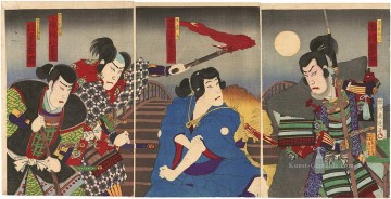  chikanobu - Eine Kabuki Szene von drei Samurai und einem Reisenden auf der Brücke Toyohara Chikanobu